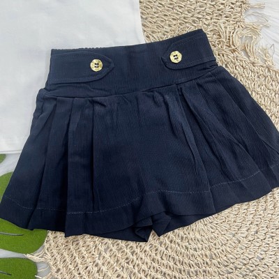 Conj. Blusa Bordada e Shorts Saia Marinho e Branco